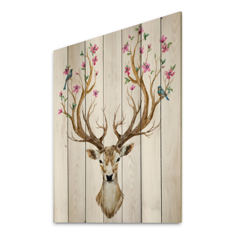Cerf avec fleur en bois - Décoration murale traditionnelle en bois - Bois de pin naturel, H 12 po x l 8 po x P 1 po