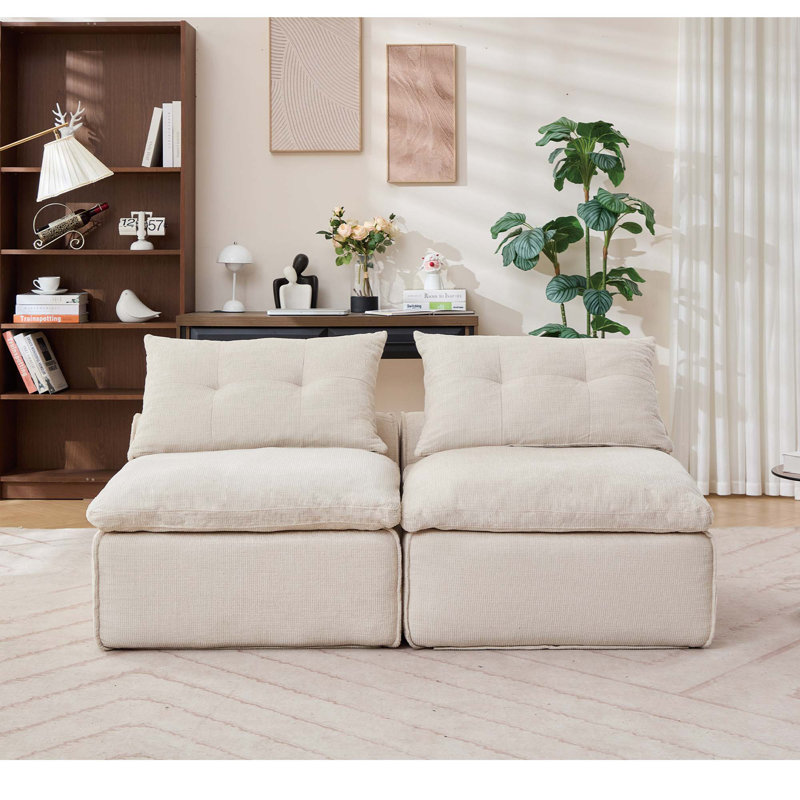 Ernesto Boneless Armless Chenille Compression Sectional Sofa with Neck & Lumbar Pillow, Beige