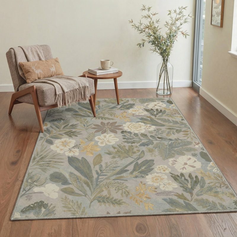 Tapis d'intérieur beige / vert lavable à la machine Acker Blossom, Rectangle 6 pi x 9 pi