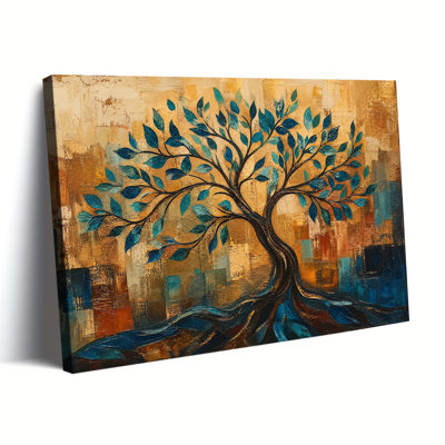 Impression sur toile, art texturé épais, peinture à l'huile, feuille de sarcelle, arbre de vie, bloc géométrique, décoration murale