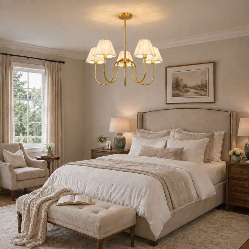 Lustre 5 lumières à intensité variable avec abat-jour en tissu Boho, Or brossé