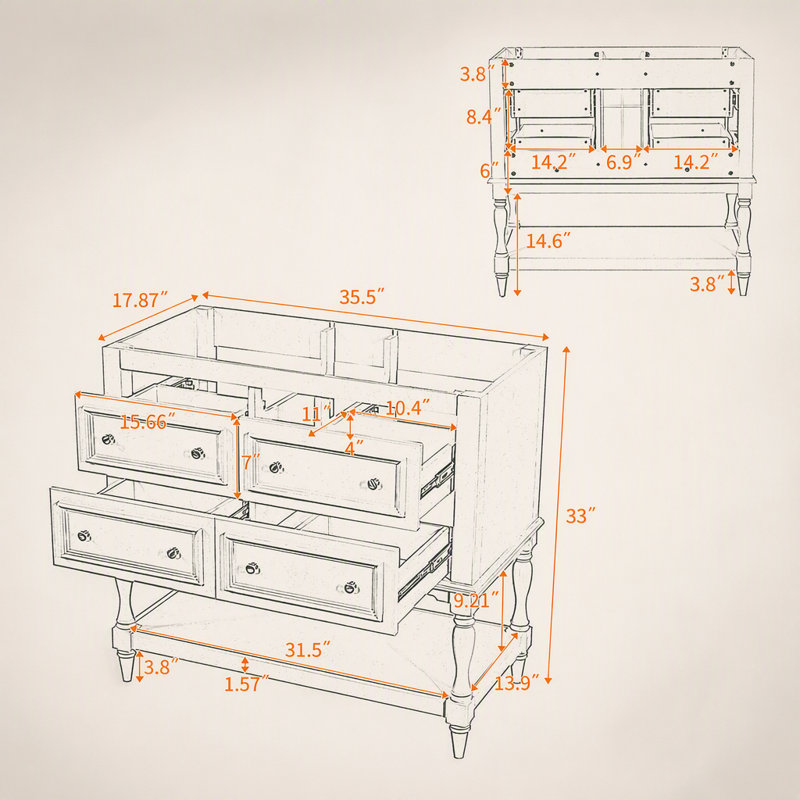 Armoire de salle de bain 36 po, ensemble de meuble-lavabo autoportant avec 4 tiroirs, structure en bois massif, beige, Beige