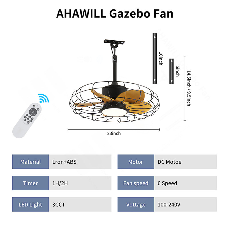 Ventilateur de plafond d'extérieur 23 po avec lumières, ventilateur imperméable IP65 avec télécommande à 3 vitesses 3CCT pour pergola de patio