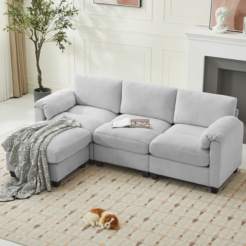 Canapé modulaire en L 4 pièces avec repose-pieds en velours côtelé, Velours côtelé gris