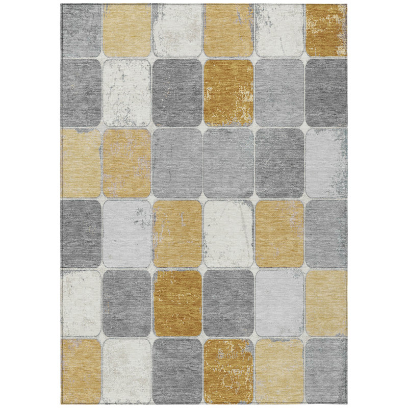 Machine Washable Indoor/Outdoor Xhevrie Gold Rug, Rectangle 3' x 5'