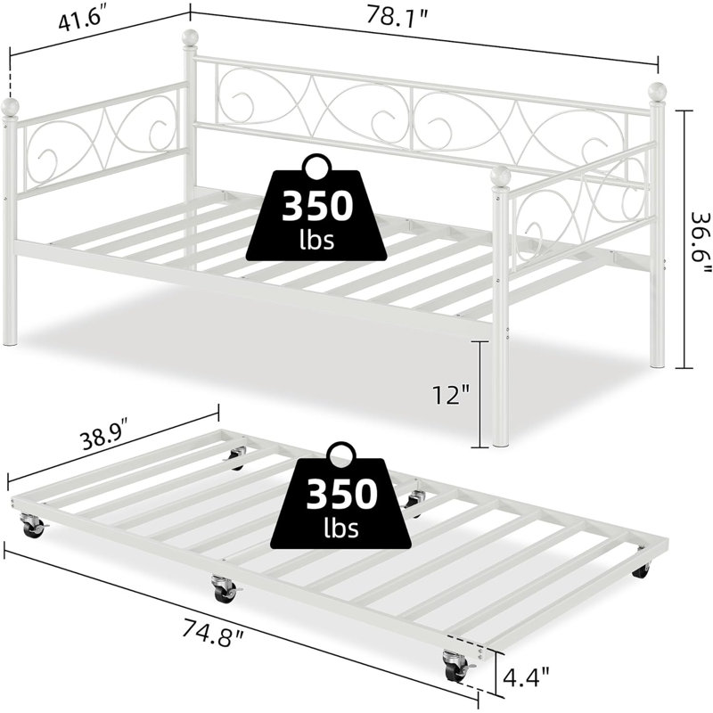 Twin Metal Daybed with Trundle, Steel Slats Support, Space-Saving, White, White