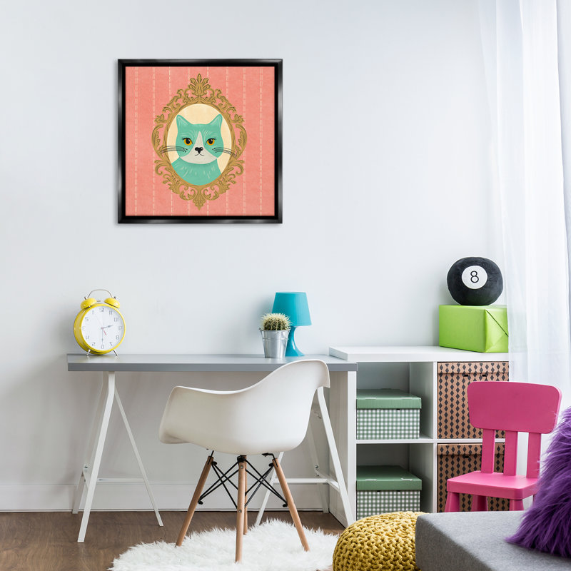«Green Cat Portrait», art mural encadré flottant par Carrie Cantwell, H 25 po x l 25 po, Cadre flottant noir de jais