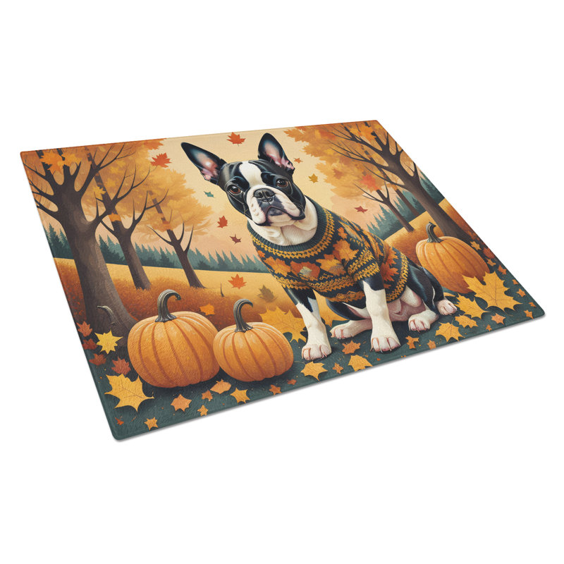 Boston Terrier Fall Glass Cutting Board Large