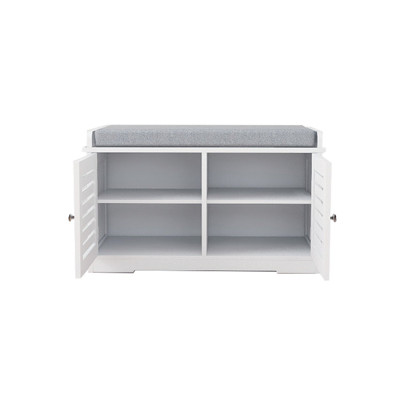 Shoe Storage Bench With Padded Seat Cushion, Entryway Bench With 2 Barn Doors-White, White, Light Gray