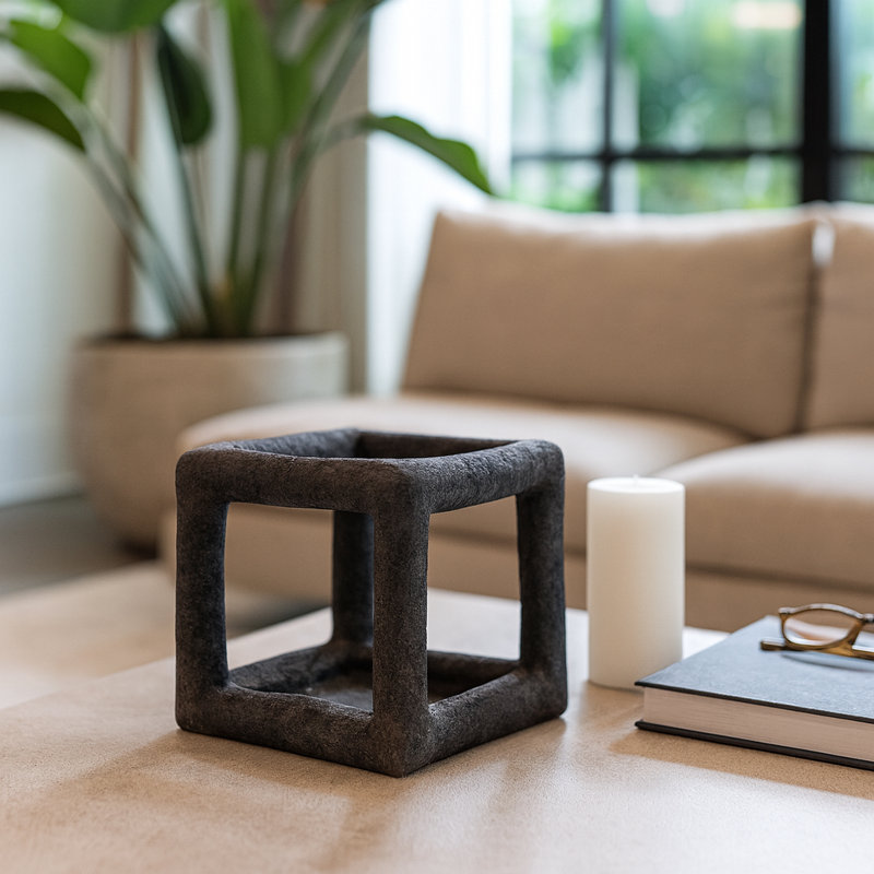 Decorative Textured Open Square Sculpture for Living Room Decor - Pottery Cement Object Accent for Tabletop Display or Home Decoration