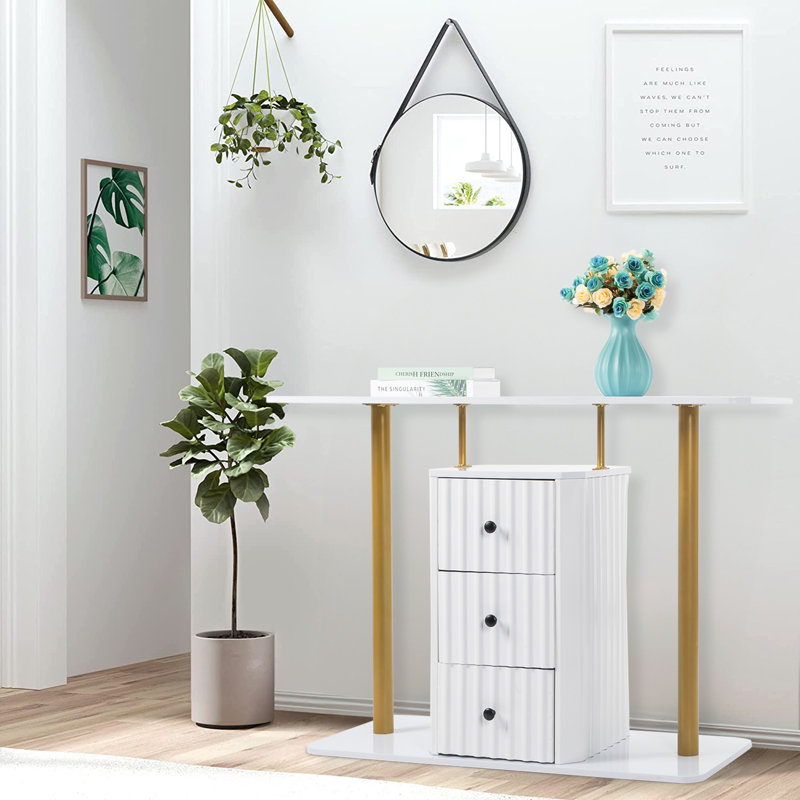Console 47,2 po blanc et or avec rangement à 3 tiroirs - table d'appoint moderne Glam