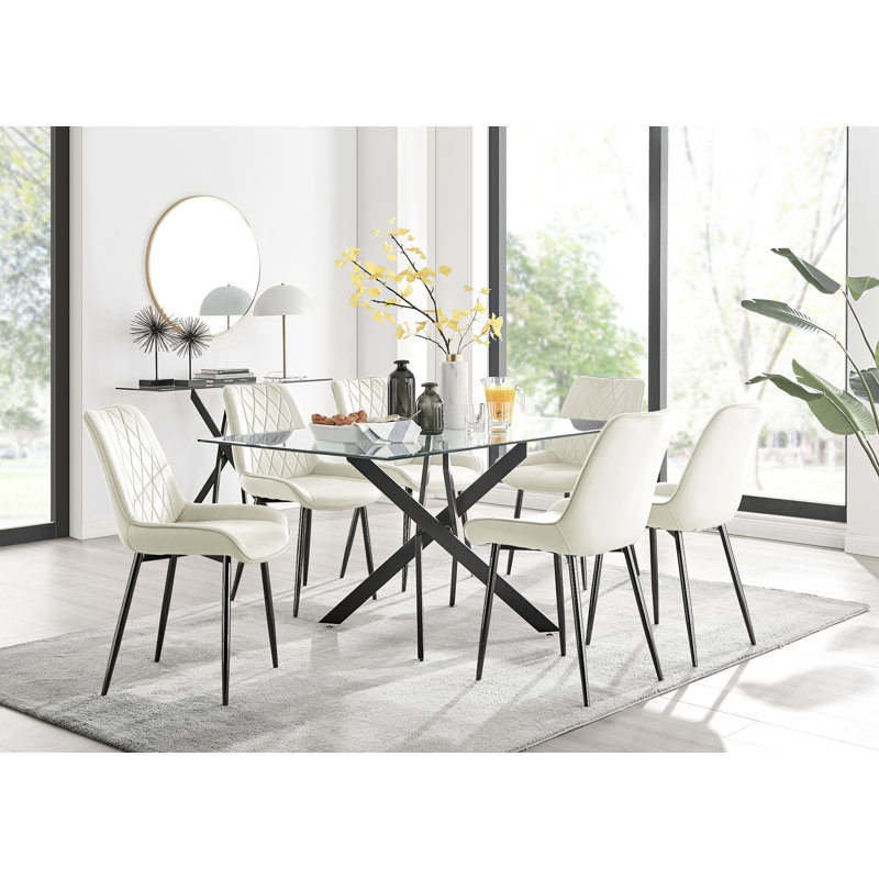 Lenworth Modern Black Metal and Glass Dining Table Set with 6 Velvet Upholstered Dining Chairs