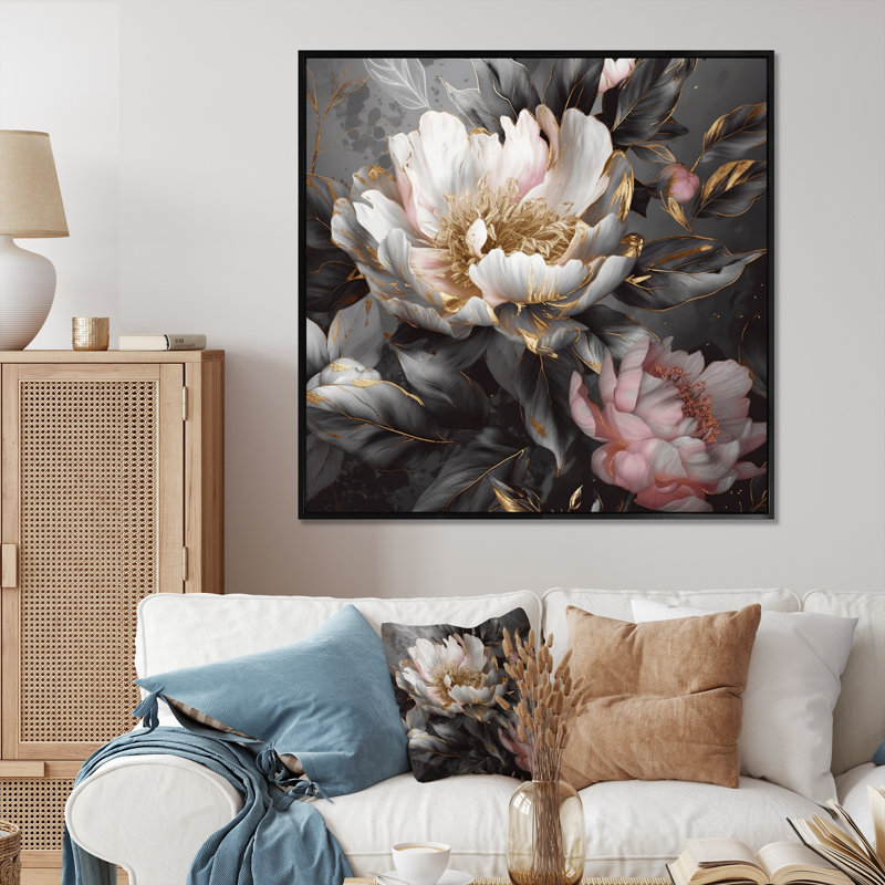 Pivoines roses et grises en fleurs II - impressions de pivoines, Cadre photo noir, H 24 po x l 24 po
