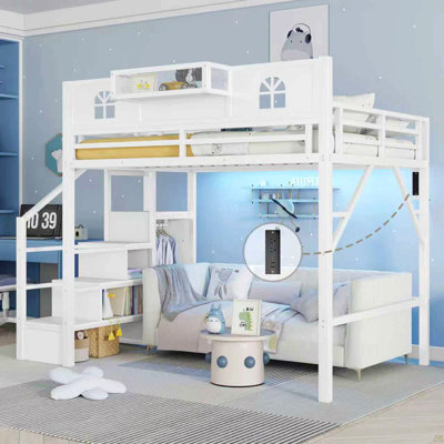 Full Size Loft Bed With Stairs, Metal Full Loft Bed With High And House Shaped Guardrails, High Loft Bed With Wardrobe