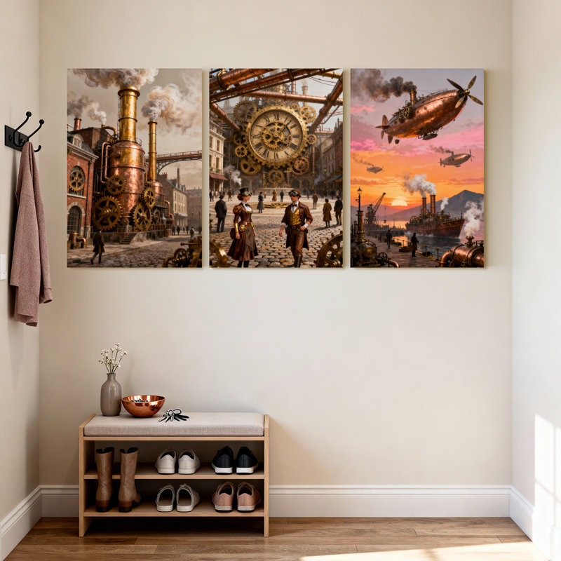Ensemble d'impressions murales sur toile fantaisistes et sci-fi avec paysage urbain avec engrenages et dirigeables Steampunk