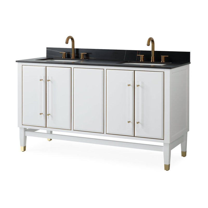 Meuble-lavabo moderne autoportant Tennant Brand 60 pouces, blanc Bertone, double lavabo, comptoir en pierre frittée noire, entièrement assemblé