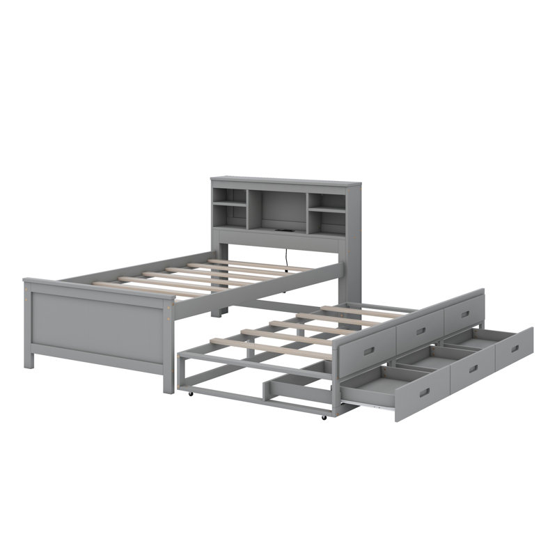 Lit plateforme avec tête de lit, USB, lit gigogne et 3 tiroirs, gris, Lit simple