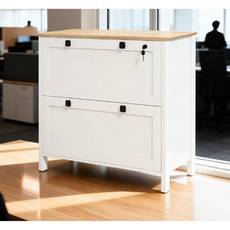 Classeur latéral pour la maison et le bureau avec barres réglables pour dossiers format lettre A4 Légal, tiroir supérieur verrouillable à deux clés, panneau de particules revêtu, agencement de couleur chêne blanc, L 31,1 po x l 15,7 po