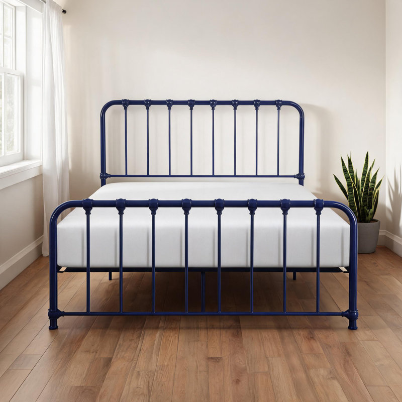 Bedroom Full Size Platform Bed Compact Metal Bed with Rich Blue Finish, No Box Spring Required, Bed in a Box, Blue, Full