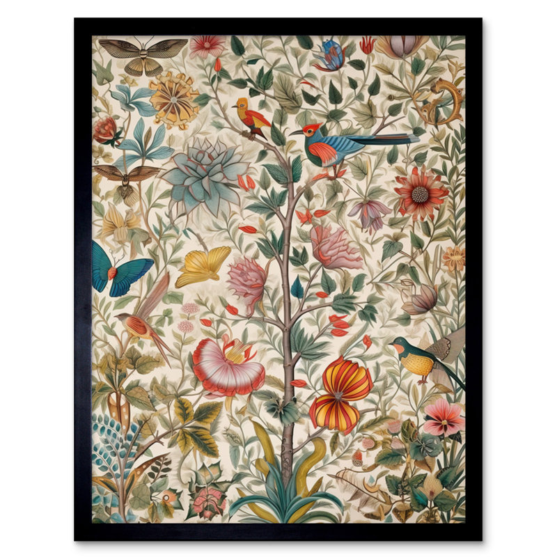 Butterflies And Flower Plants Pattern Folk Art Watercolour Painting Artwork Framed Wall Art Print 9X7 Inch