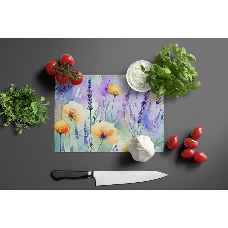 Lavender and Poppies Watercolor Glass Cutting Board 15x12