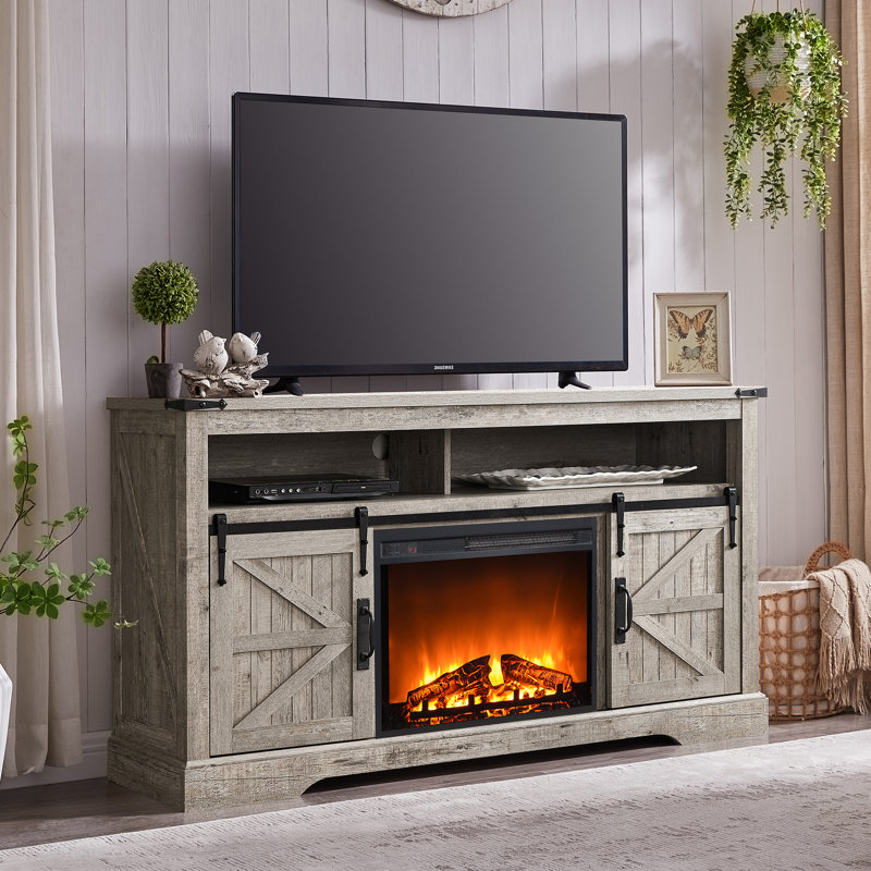 Meuble télé avec foyer électrique Aubriella pour téléviseur de 65 po ou moins, Chêne rustique pâle