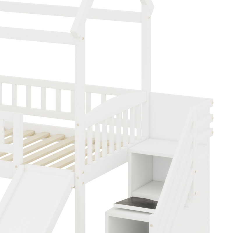 Lit superposé de style maison avec glissade, Blanc