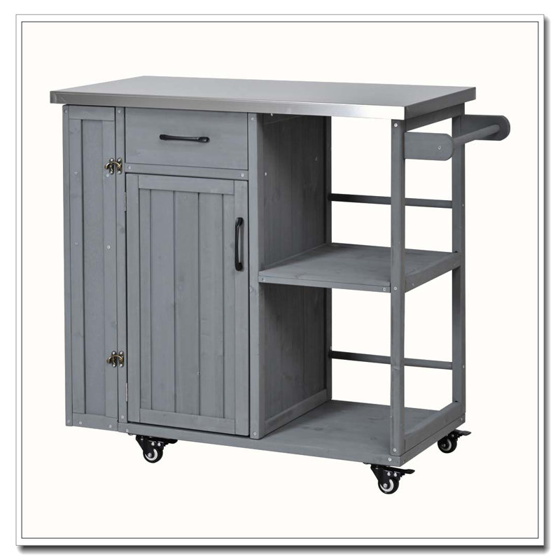 Outdoor Kitchen Island Fir Wood Prep Station Lockable Kitchen Cart with Stainless Top, Ample Storage Space, Grey