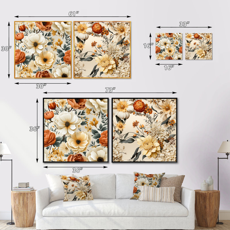 Rillie - Ensemble de 2 collages carrés floraux, H 16 po x l 33 po, Toile tendue