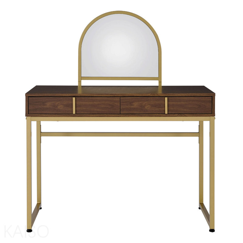 Bureau de coiffeuse 2 tiroirs avec miroir et plateau à bijoux, noyer et or