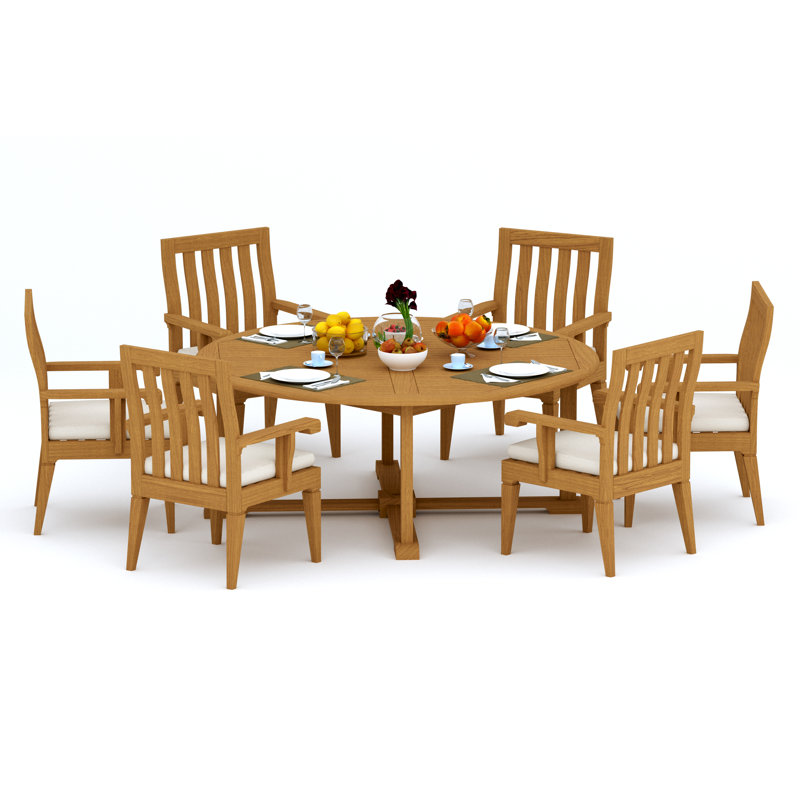 6 Seats 7 Pcs Grade-A Teak Wood Dining Set: 72" Round Table And 6 Caranas Arm Chairs #11Ca1706, 6