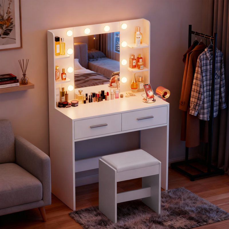 Makeup Vanity Set with Lighted Mirror & Vanity Stool, Makeup Vanity with 2 Drawers, Vanity Desk for Bedroom & Dressing Room