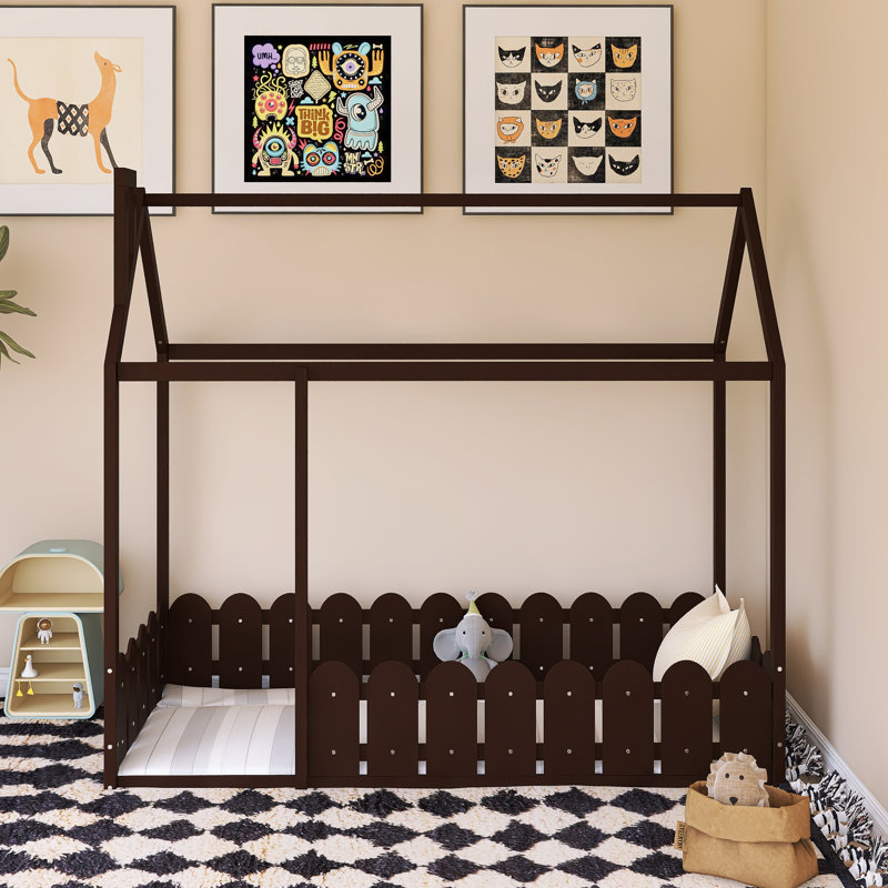 Wood Bed House Bed Frame With Fence, Espresso , Twin