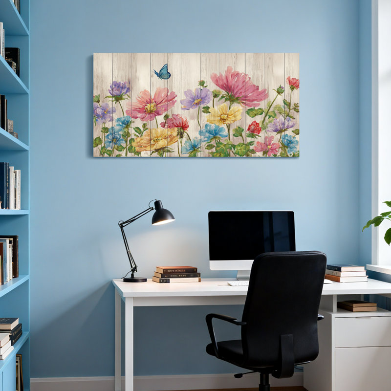 Animaux, jardin floral avec papillons sur bois, H 20 po x l 40 po