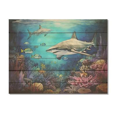 Shark Haven Under Water, peinture I - Shark, art sur bois de pin naturel