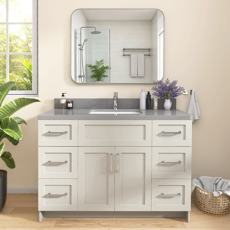 48'' W X 22'' D Engineered Stone Gray Vanity Top Drop-in Single Sink Rectangular Countertop Undermount Ceramic Center Drain Sink with 4 In. H Backsplash & Single Pre-drilled Faucet Hole