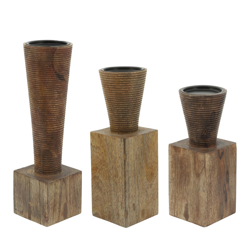 Mango Wood Pillar Holder with Sculpted Conical Top and Square Base - Modern Decorative Accent for Living Room or Entryway