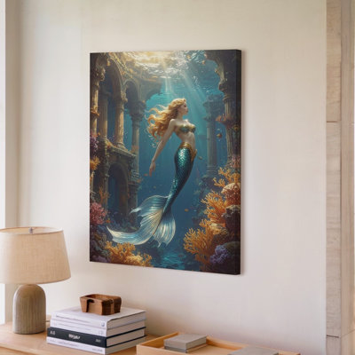 Canvas Wall Art Mermaid And Sunken Ruins Canvasfantasy Underwater Art With Ancient Mystique Wall Ready To Hang Gallery Wrapped Home Decor