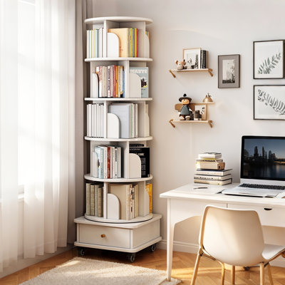 Rotating Bookshelf, 360° Display Round Spinning Bookshelf with Wheels and Drawer, Space-Saving, Small Space Rotating Bookshelf Tower for Bedroom, Livi by Latitude Run