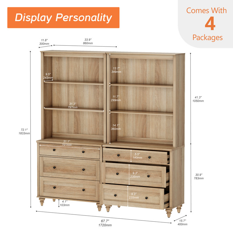 Scarlett 72.1"H X 67.7"W Bookcase With 3 Drawers Set Of 2, Tall Book Case With 3-Tier Open Book Shelfs, Large Wood Bookcases Farmhouse Bookshelves For Living Room Bedroom Home Office Kitchen
