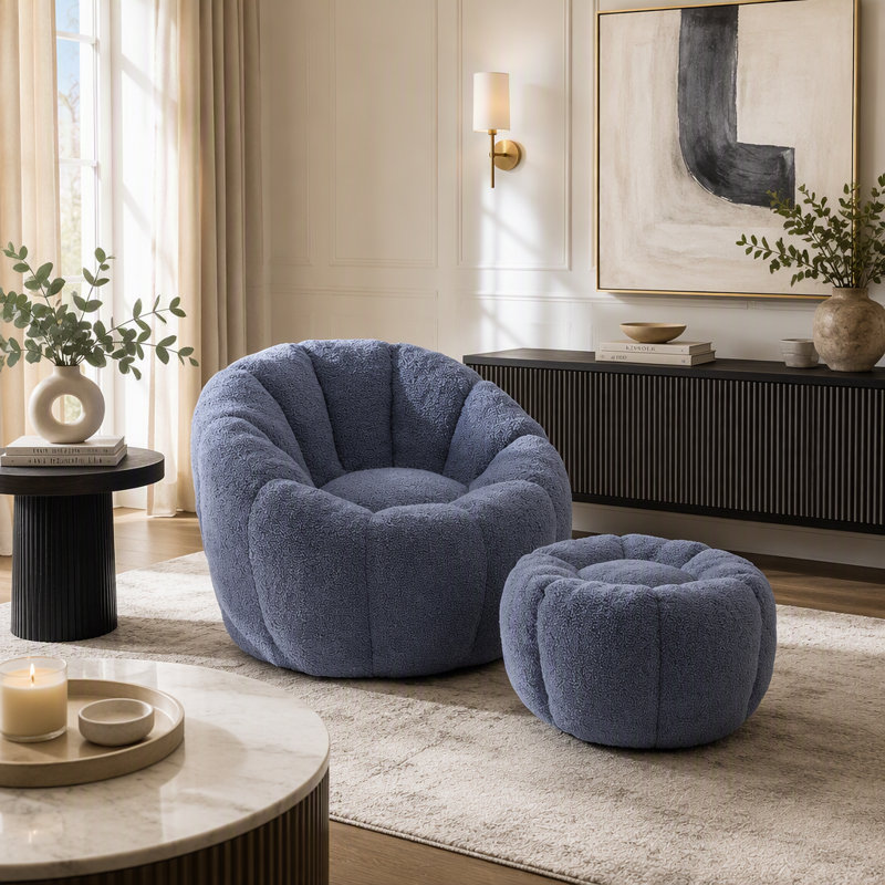 Fauteuil à billes avec repose-pieds, Bleu clair