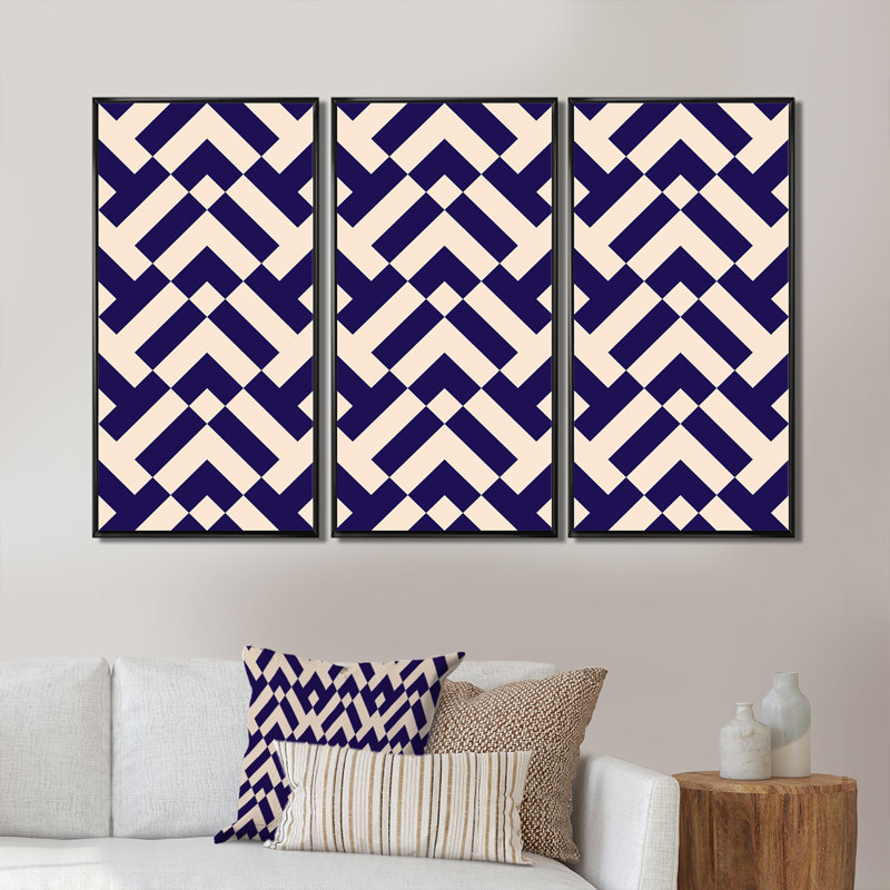 «Blue and Pink Geometrics», ensemble de 3 reproductions d'art encadrées sur toile, H 28 po x l 36 po x P 1 po, Noir