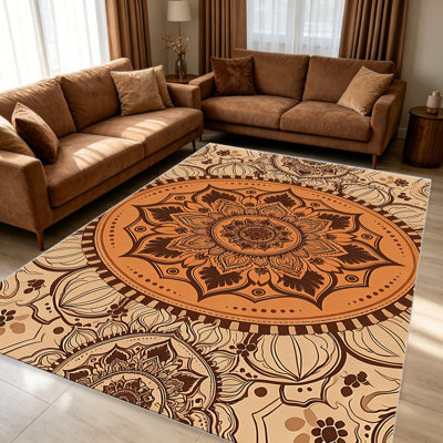 Tapis mandala brun chaud chaud pour le salon, doux et confortable, adapté à toutes les saisons, facile à entretenir, tapis de sol intérieur lavable à la machine, sous la table de ferme convenant à la chambre à coucher, à la salle à manger, au bureau, au patio, au balcon, à la décoration intérieure