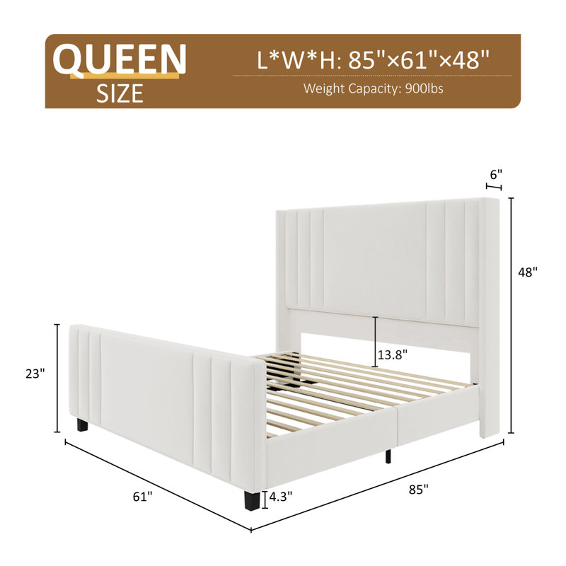 Cream Velvet Queen Platform Bed with Tufted Headboard