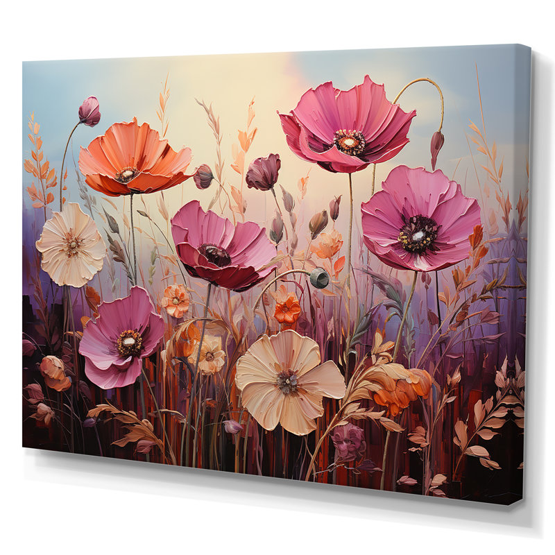 «Pink Crimson Flower Meadow Field» sur toile, Toile tendue, H 24 po x l 32 po x P 1,5 po