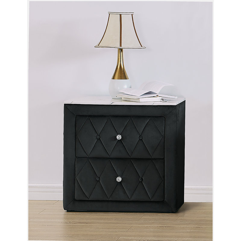 Table de chevet 1 pièce avec plateau en marbre et 2 tiroirs de rangement, Noir