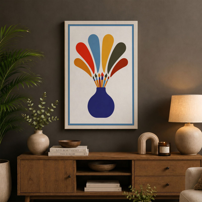 Geometric Vase Burst Mid-Century - Wrapped Canvas, 36x24 - 91.4 x 61.0 cm, Sage Border