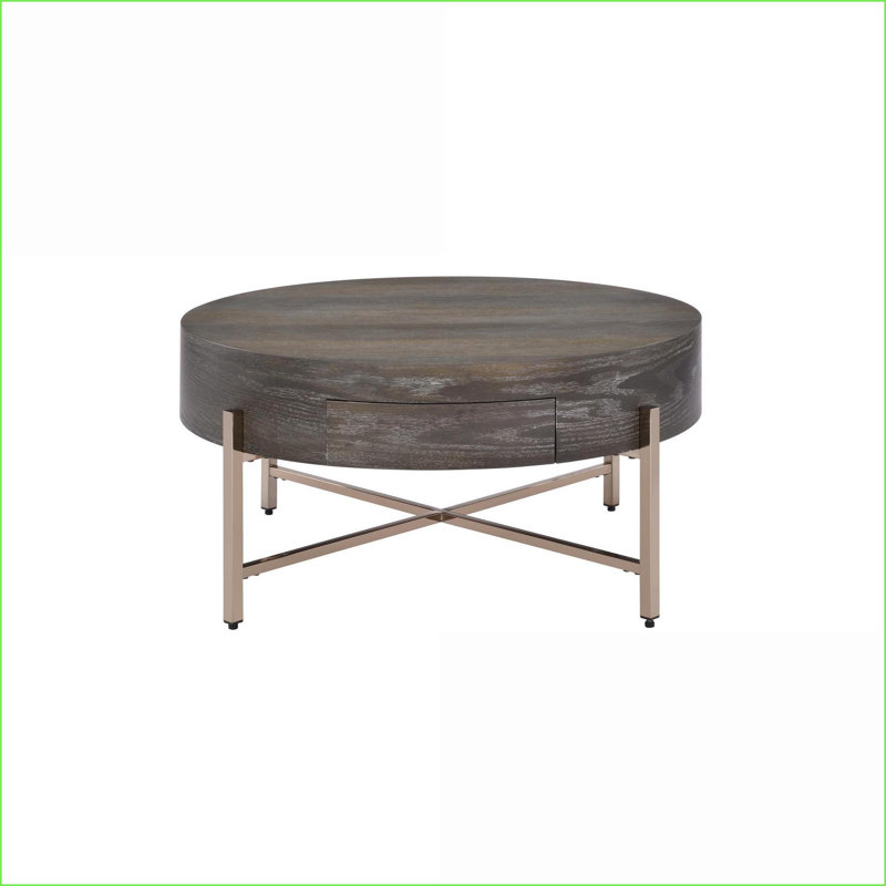 Brun clair & amp; Table basse à tambour Champagne avec base en métal - Tiroir de rangement pour le salon