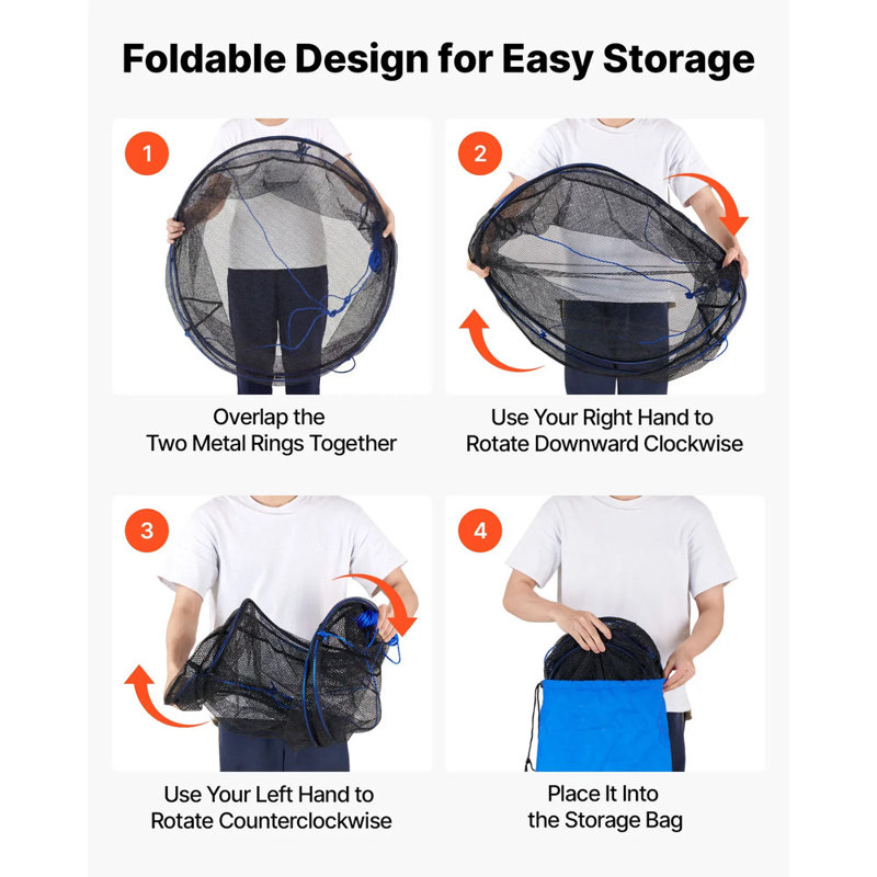 Filet de pêche pliable, filets de débarquement, filet portatif pour tirer le poisson, durable et adapté aux poissons avec corde et sac de rangement, pour les ménés, les écrevisses, les crevettes et le crabe