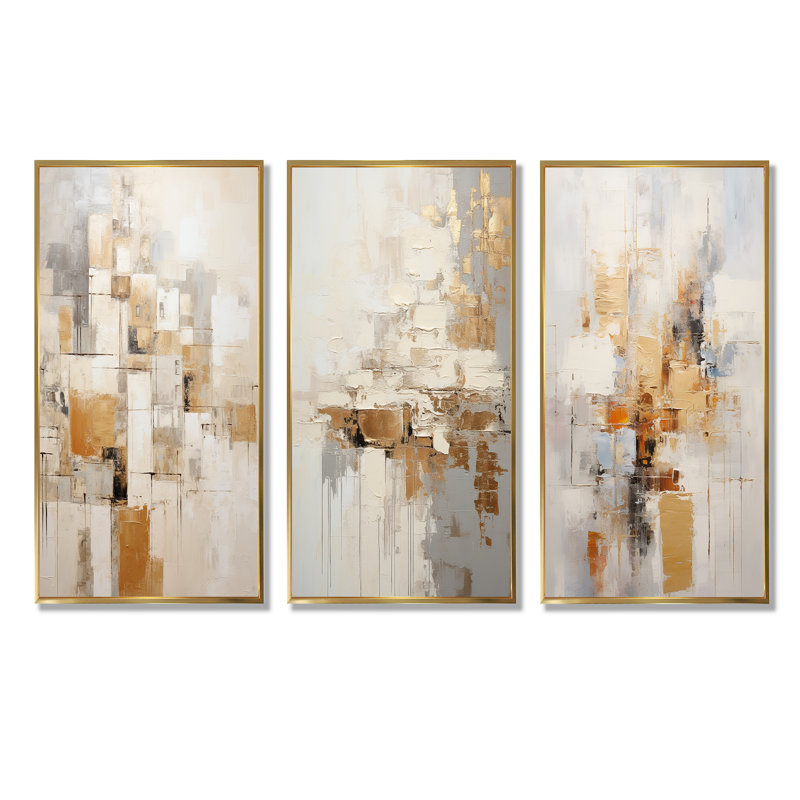Beige And Golden Cubic Perspective, Cadre flottant doré, H 40 po x l 60 po